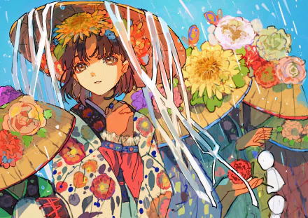 Anime girl with short brown hair and brown eyes wears a floral hat and earrings, surrounded by vibrant flowers and colorful umbrellas in this HD desktop wallpaper.