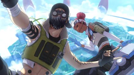 HD PC desktop wallpaper featuring Lifeline and Octane from the video game Apex Legends in dynamic action poses against a bright, sky-themed background.
