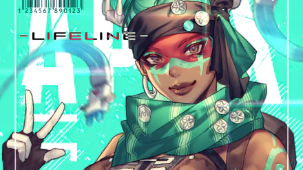 HD PC desktop wallpaper of Lifeline (Apex Legends): close-up video game art of the medic with teal face paint, headscarf and confident smile, Apex Legends background.