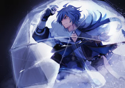 HD PC desktop wallpaper featuring Kaeya from Genshin Impact, showcasing the character in dynamic motion with icy blue and purple tones.