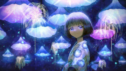 blue eyes short hair fireworks Anime girl anime girl HD Desktop Wallpaper | Background Image