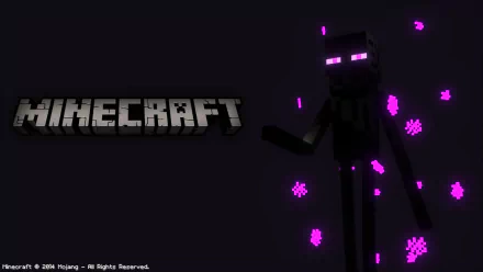 HD Minecraft Enderman desktop wallpaper with game logo and purple particle effects.