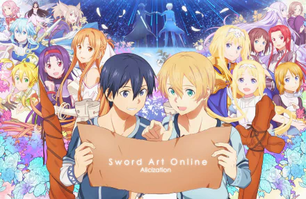HD Sword Art Online: Alicization wallpaper with Kirito and Asuna front and center, surrounded by Eugeo, Alice Zuberg, Leafa, Yuuki Konno, Yui, Quinella, Ronye Arabel and Tiese Shtolienen.