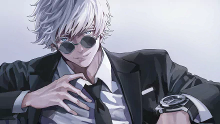 4K Ultra HD PC desktop wallpaper featuring Satoru Gojo from the anime Jujutsu Kaisen, showcasing his silver hair, sunglasses, and black suit in a stylish pose.