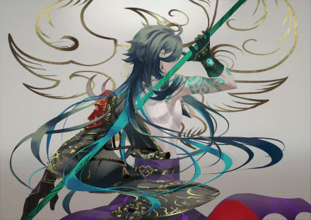 HD PC desktop wallpaper featuring Xiao from the video game Genshin Impact, showcasing his dynamic pose and ethereal design with flowing ribbons and intricate details.