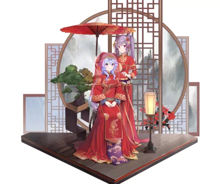 HD PC desktop wallpaper featuring Keqing and Ganyu from Genshin Impact in traditional red attire, set against an elegant, Asian-inspired interior background.