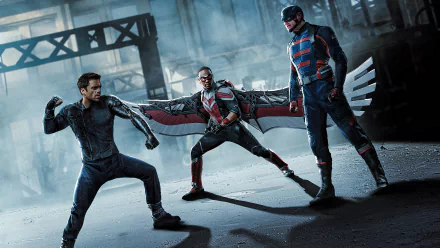 4K Ultra HD wallpaper featuring John Walker (Wyatt Russell), Sam Wilson (Anthony Mackie), and Bucky Barnes (Sebastian Stan) from the TV show The Falcon and the Winter Soldier.