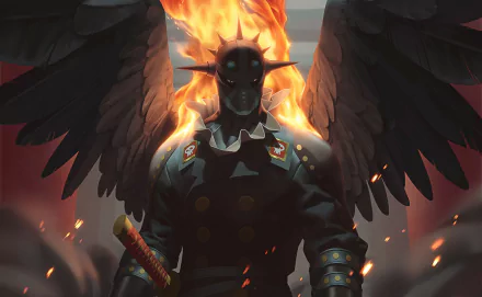 HD PC desktop wallpaper featuring a dark, fiery-winged anime character from One Piece with glowing flames and intense atmosphere.