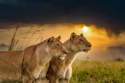 Two lionesses stand alert in a grassy field under a dramatic sunset sky, captured in stunning 4K Ultra HD for a vivid wildlife desktop wallpaper.