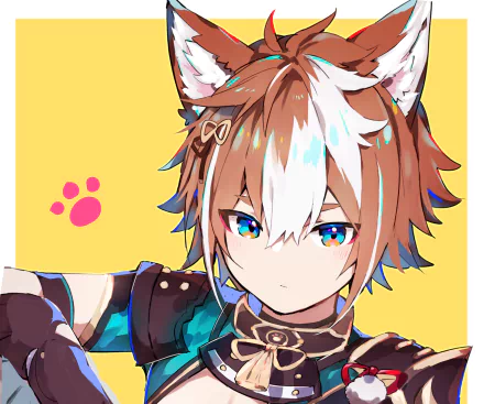 HD PC desktop wallpaper featuring Gorou from Genshin Impact with animal ears, set against a yellow background with a pink paw print.