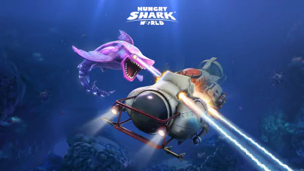 Hungry Shark World (video game) HD PC desktop wallpaper: a glowing purple sea monster lunges at a submarine in the deep blue ocean, game logo visible at the top.