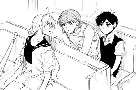 HD PC desktop wallpaper sketch of Sunny, Kel, and Aubrey from the video game OMORI — three tense friends seated in a diner booth.