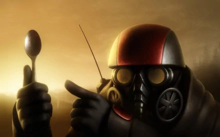 A dark-themed HD wallpaper featuring a figure in a gas mask holding a spoon, creating an intriguing and moody atmosphere.