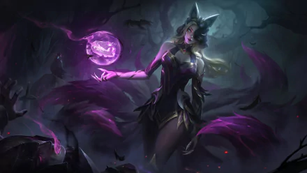 HD desktop wallpaper of Ahri, a character from the video game League of Legends, showcasing her in an enchanting, dark forest with a glowing orb and mystical background.