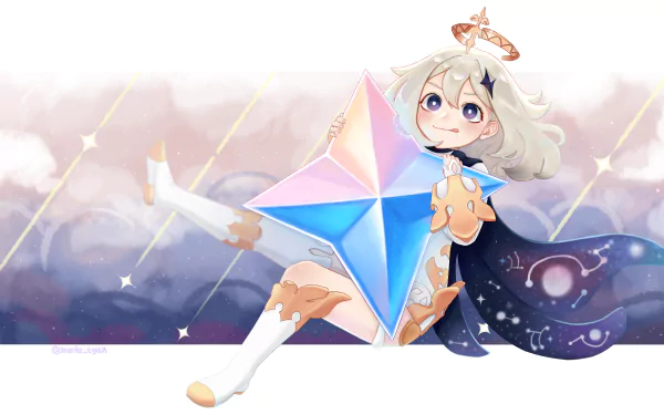 Paimon from Genshin Impact holding a glowing star, set against a soft pastel background, presented as a 4K Ultra HD PC desktop wallpaper.