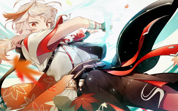 HD desktop wallpaper featuring Kaedehara Kazuha from the video game Genshin Impact. Kazuha is depicted dynamically with vibrant colors and falling maple leaves in the background.