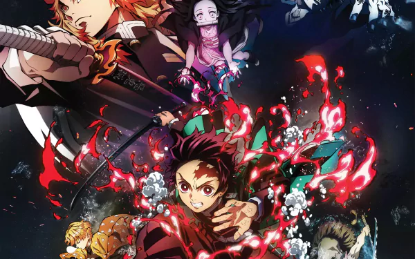 HD PC desktop wallpaper of Demon Slayer: Kimetsu no Yaiba — Mugen Train featuring Tanjiro, Nezuko, Zenitsu, Inosuke and Kyojuro Rengoku in a fiery, action-packed scene.