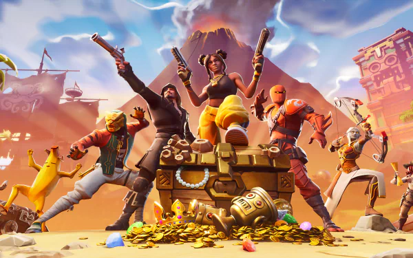 HD desktop wallpaper of a Fortnite loading screen featuring characters celebrating victory with weapons raised around a treasure chest.
