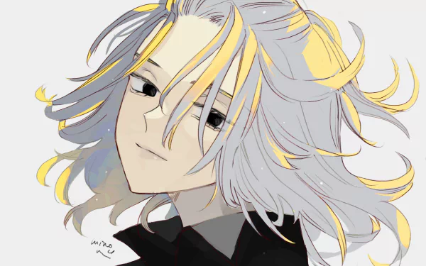 HD anime desktop wallpaper featuring Mikey Manjiro Sano from Tokyo Revengers with detailed silver and blonde hair and a calm expression.