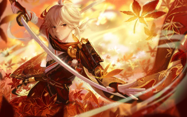 Kaedehara Kazuha from Genshin Impact wields a sword amid swirling autumn leaves in this vibrant 8K Ultra HD PC desktop wallpaper.