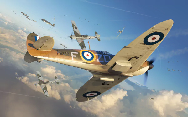 5K Ultra HD PC desktop wallpaper: Supermarine Spitfire warplanes — military aircraft flying in formation above sunlit clouds, dramatic aerial background.