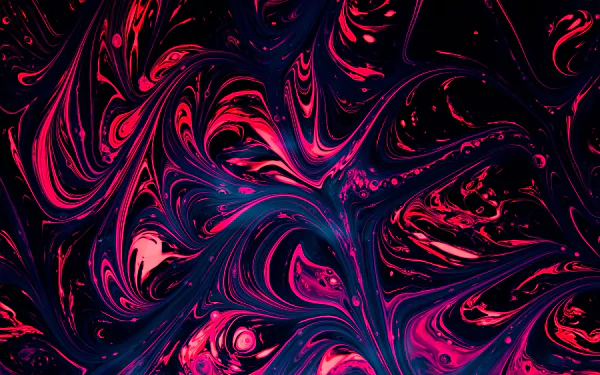 Abstract paint swirls in neon pink and deep blue on a 4K Ultra HD PC desktop wallpaper, fluid marbling with high-contrast highlights and shadowed recesses.