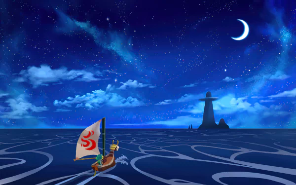 Link sails across a dark ocean under a crescent moon and starry night sky, inspired by The Legend of Zelda: The Wind Waker, featured in an HD PC desktop wallpaper.