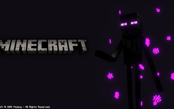 HD Minecraft Enderman desktop wallpaper with game logo and purple particle effects.