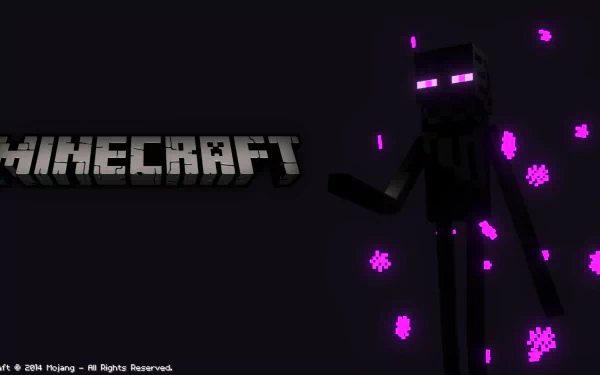 HD Minecraft Enderman desktop wallpaper with game logo and purple particle effects.