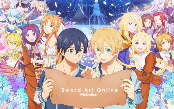 HD Sword Art Online: Alicization wallpaper with Kirito and Asuna front and center, surrounded by Eugeo, Alice Zuberg, Leafa, Yuuki Konno, Yui, Quinella, Ronye Arabel and Tiese Shtolienen.