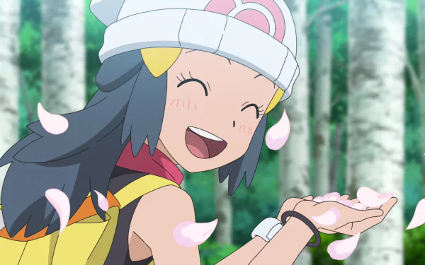 HD anime wallpaper featuring Dawn from Pokémon smiling joyfully among falling cherry blossom petals in a forest setting.