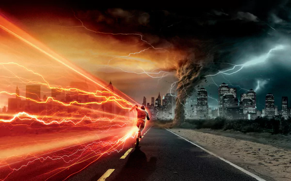 HD desktop wallpaper featuring The Flash from the 2014 DC Comics TV show racing against a massive tornado approaching a city skyline.