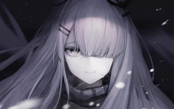HD PC desktop wallpaper featuring a character with long hair and a mysterious expression from the video game Arknights, set against a dark, snowy background.