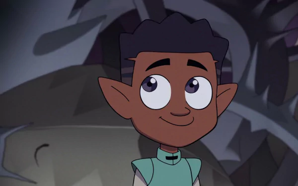 Gus Porter from the TV show The Owl House smiling against a shadowy forest backdrop — HD PC desktop wallpaper and background.