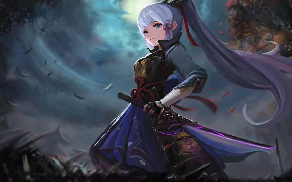 HD desktop wallpaper featuring Kamisato Ayaka from Genshin Impact, poised with her sword amidst a dark, swirling clouded backdrop.
