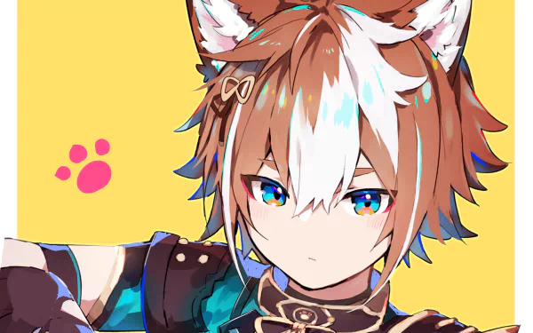 HD PC desktop wallpaper featuring Gorou from Genshin Impact with animal ears, set against a yellow background with a pink paw print.