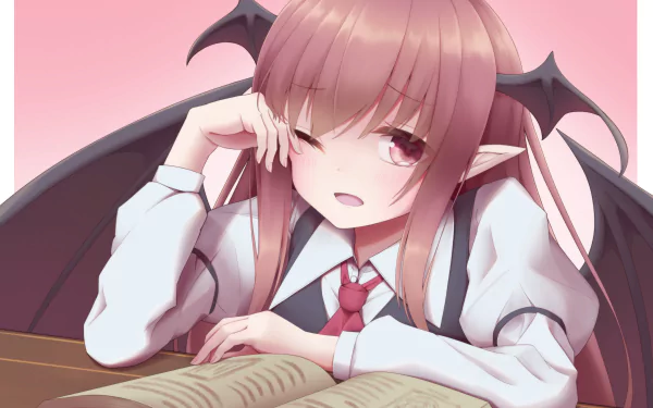 Koakuma (Touhou) anime wallpaper: pink-toned 4K Ultra HD PC desktop background of Koakuma leaning on a desk, winking, with bat wings and a school uniform.
