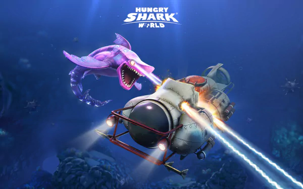 Hungry Shark World (video game) HD PC desktop wallpaper: a glowing purple sea monster lunges at a submarine in the deep blue ocean, game logo visible at the top.