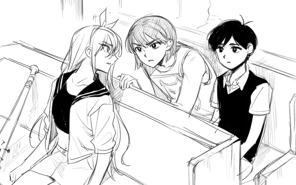 HD PC desktop wallpaper sketch of Sunny, Kel, and Aubrey from the video game OMORI — three tense friends seated in a diner booth.