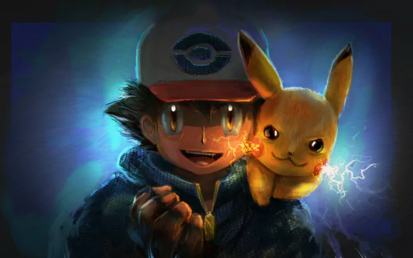 Ash Ketchum, wearing his iconic cap, smiles alongside Pikachu in this vibrant 4K Ultra HD wallpaper, capturing the spirit of Pokémon and anime adventure.