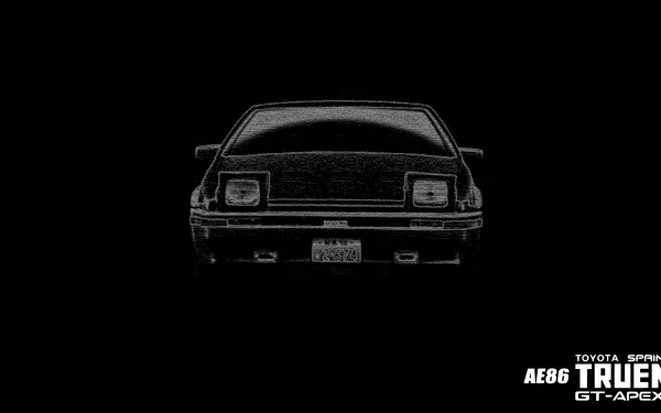 Minimalist Initial D anime HD PC desktop wallpaper: front-outline sketch of a Toyota AE86 Trueno GT-APEX on a stark black background.