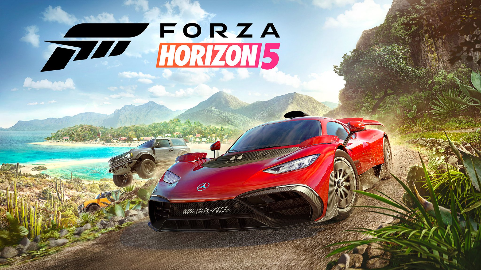 Forza Horizon 5 HD wallpaper featuring high-speed sports cars racing along a scenic coastal road with the game's logo prominently displayed.