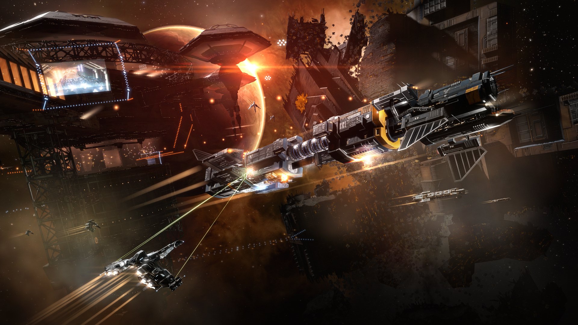 HD EVE Online desktop wallpaper featuring spaceships and space station with dynamic lighting effects.