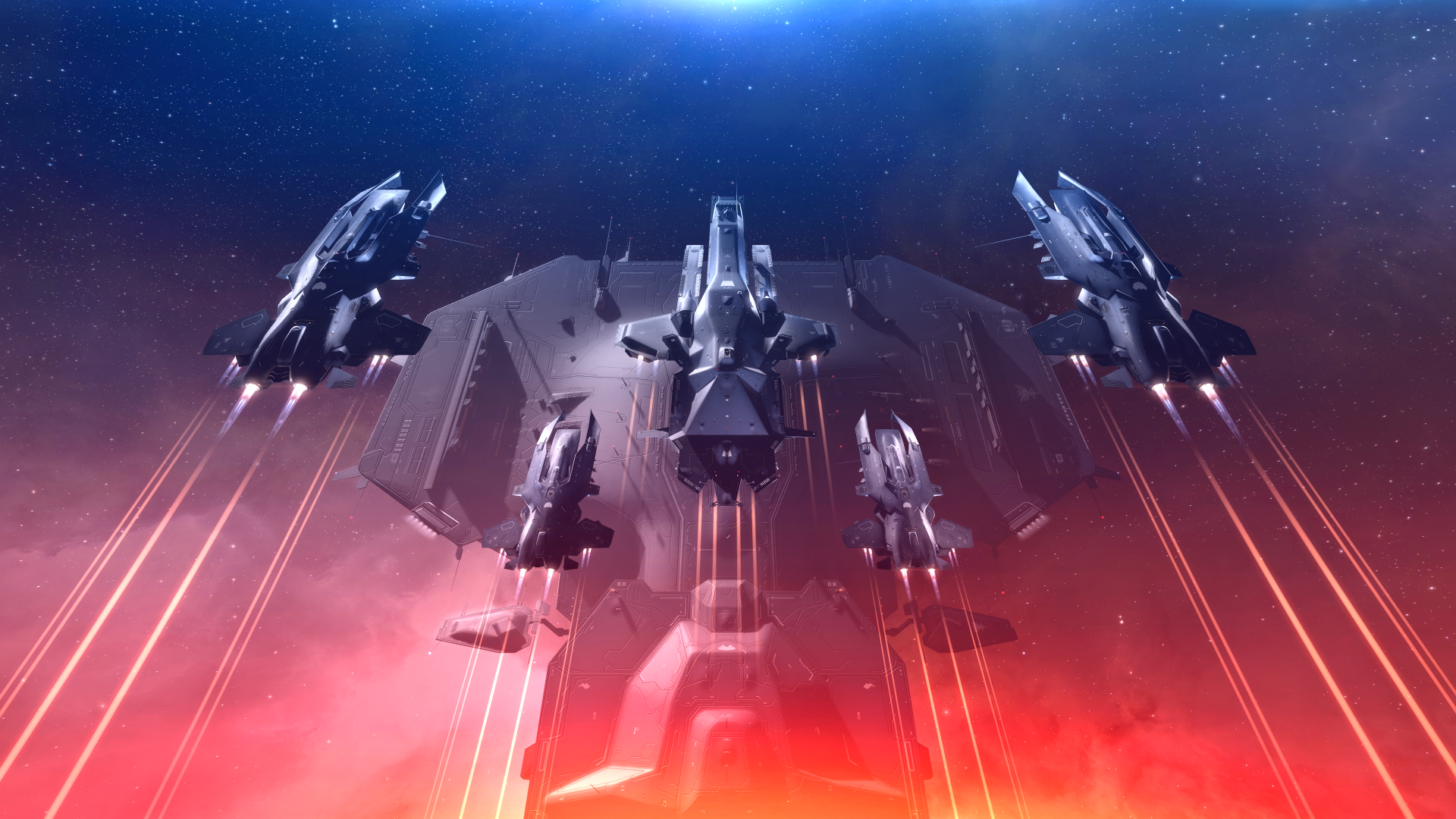HD EVE Online desktop wallpaper featuring dynamic spaceship fleet with red engine trails against a starry space background.