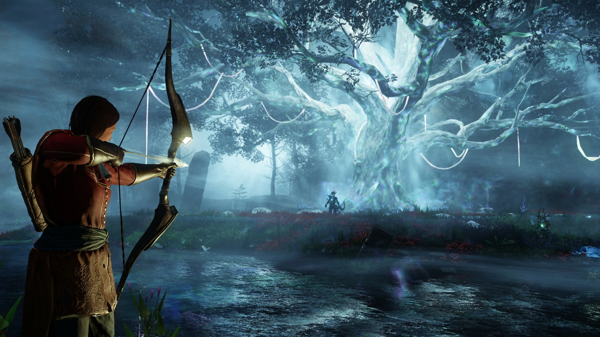 4K Ultra HD desktop wallpaper showcasing a scene from the video game New World, featuring a character aiming a bow at a glowing, mystical tree in a foggy forest.