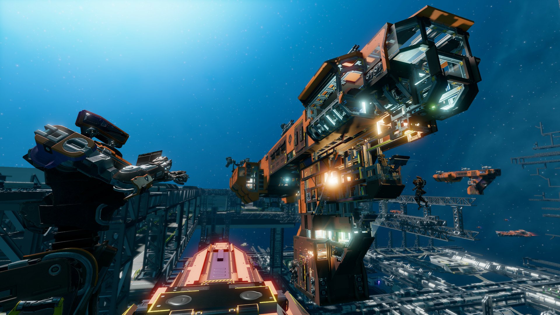 HD wallpaper of a dynamic Starbase scene with spacecrafts and space station structures for desktop backgrounds.