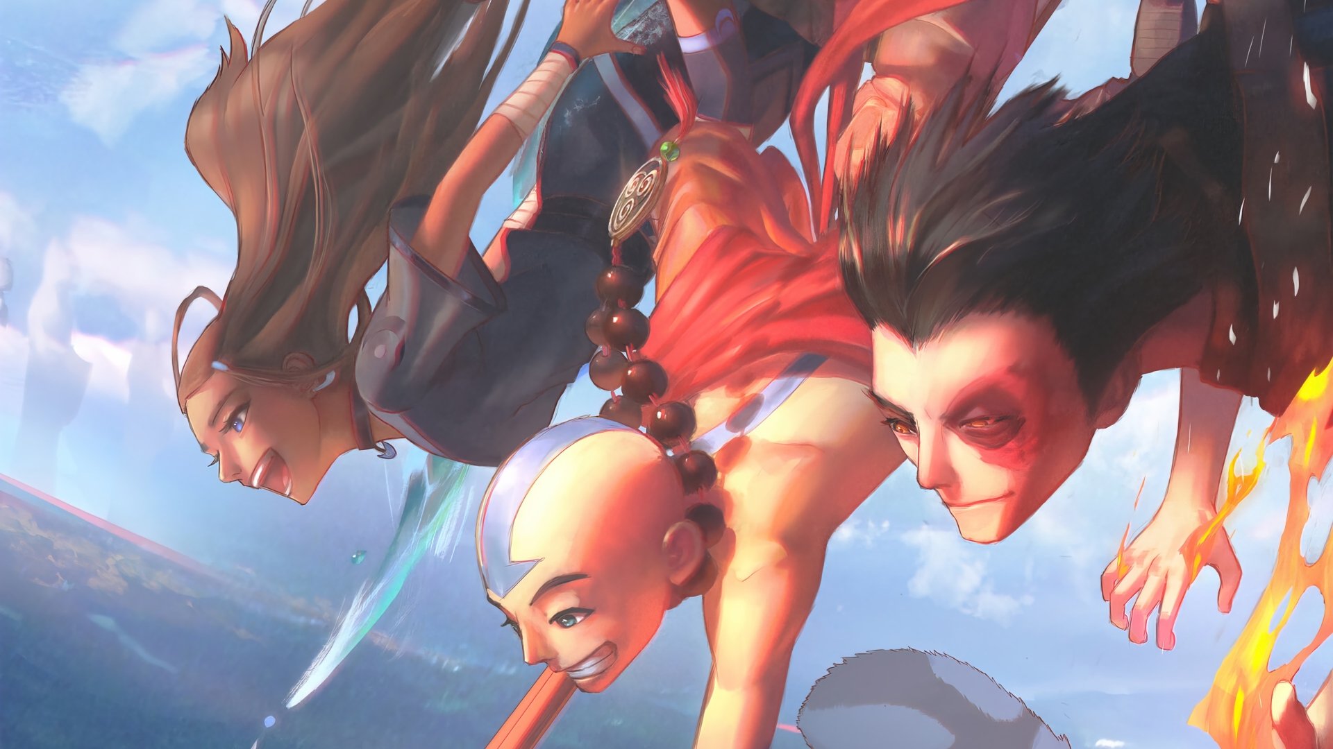 A dynamic 4K Ultra HD anime wallpaper featuring Katara, Zuko, and Aang from Avatar: The Last Airbender soaring through the sky with intense expressions.