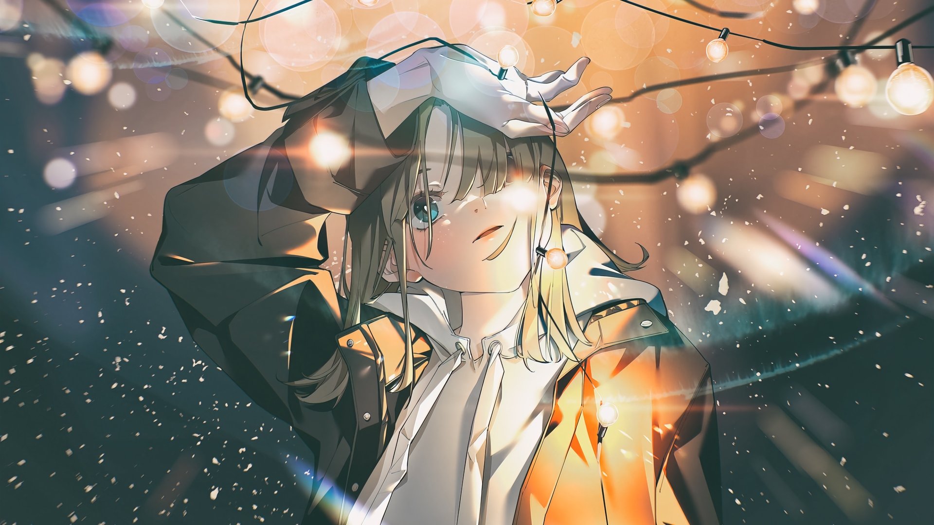 4K Ultra HD PC desktop wallpaper/background: a winter anime girl beneath glowing lights and falling snow, hand lifting her hood amid soft bokeh and cool, luminous tones.