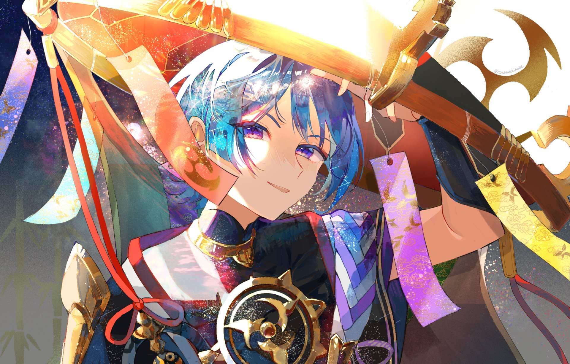 HD PC desktop wallpaper featuring Scaramouche from the video game Genshin Impact, showcasing vibrant colors and detailed character art.