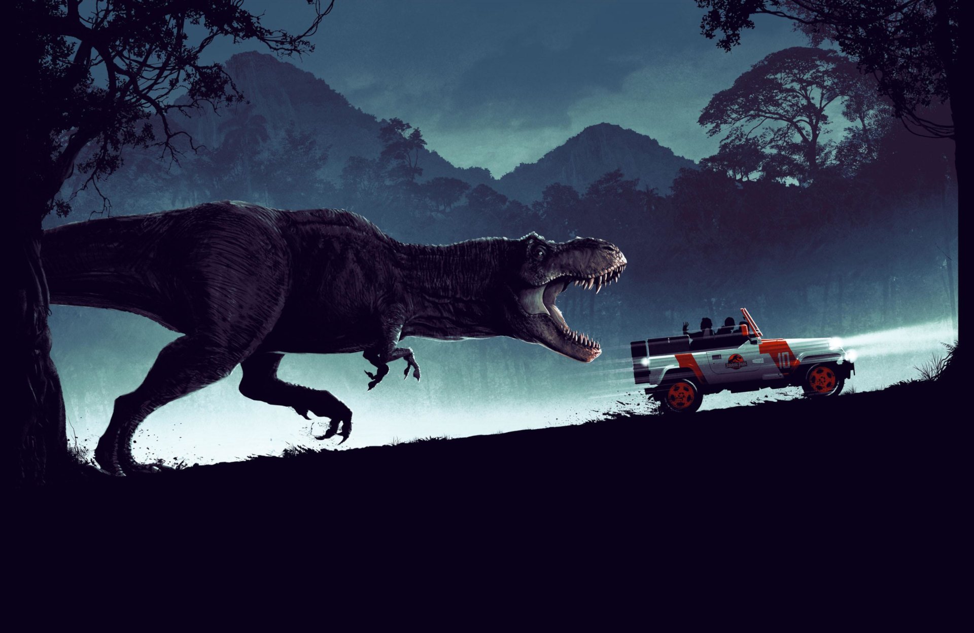 Jurassic Park movie HD PC desktop wallpaper: T. rex roars at an illuminated tour jeep on a misty jungle road, silhouetted trees and distant mountains.